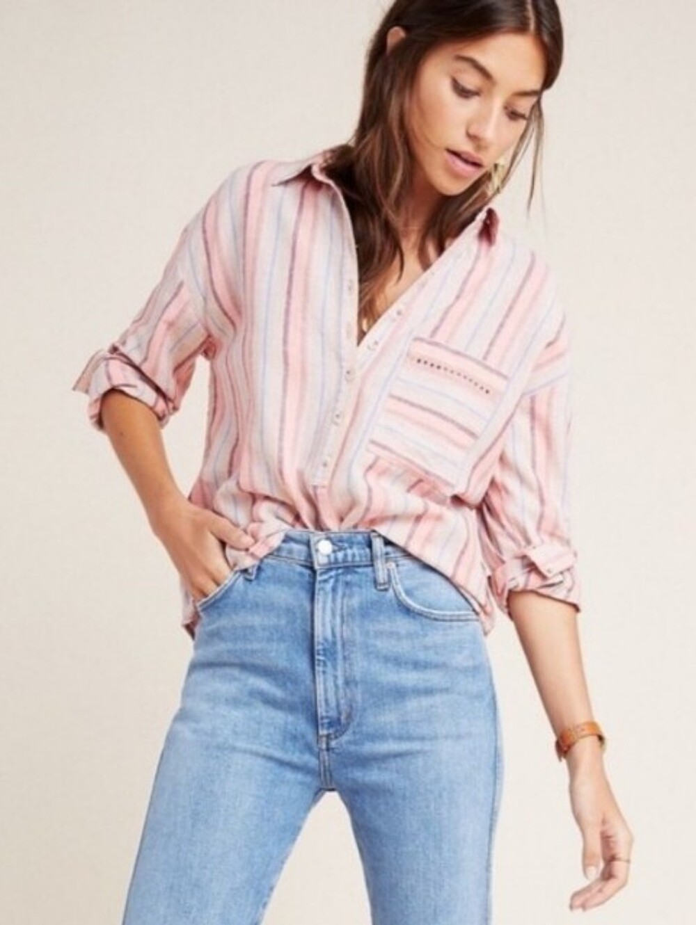 Anthropologie Maeve Womens Pink Striped Lida‎ Linen Popover Top Size M Coastal